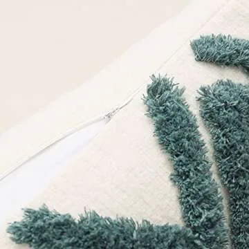 PLWORLD Boho Green Throw Pillow Cover 20x20 Inch with Tassels, Moroccan Tufted Decorative Cream Chenille Fabric Accent Textured Cushion Case for Bed Couch, 1 PC Cover Only No Insert