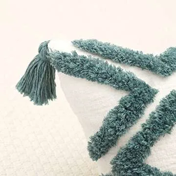 PLWORLD Boho Green Throw Pillow Cover 20x20 Inch with Tassels, Moroccan Tufted Decorative Cream Chenille Fabric Accent Textured Cushion Case for Bed Couch, 1 PC Cover Only No Insert