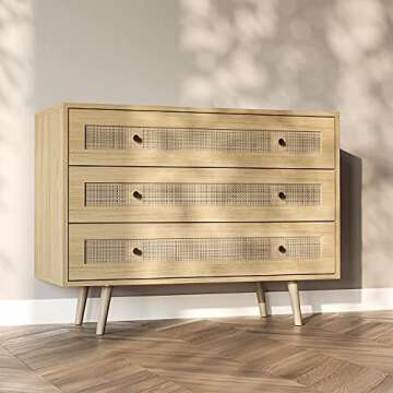 Vremi Rattan 3-Drawer Storage Chest — Scratch Resistant and Waterproof Dresser Top — Spacious and Stylish with Anti-Slip Pads and Metal Slides — Bedroom and Office Chest of Drawers, Maple
