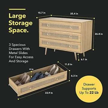 Vremi Rattan 3-Drawer Storage Chest — Scratch Resistant and Waterproof Dresser Top — Spacious and Stylish with Anti-Slip Pads and Metal Slides — Bedroom and Office Chest of Drawers, Maple