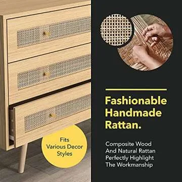 Vremi Rattan 3-Drawer Storage Chest — Scratch Resistant and Waterproof Dresser Top — Spacious and Stylish with Anti-Slip Pads and Metal Slides — Bedroom and Office Chest of Drawers, Maple