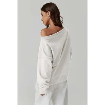QINSEN Oversized Sweatshirts for Women Loose Fit Off The Shoulder Pullover Sweaters Y2k Hoodies White M