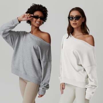 QINSEN Oversized Sweatshirts for Women Loose Fit Off The Shoulder Pullover Sweaters Y2k Hoodies White M