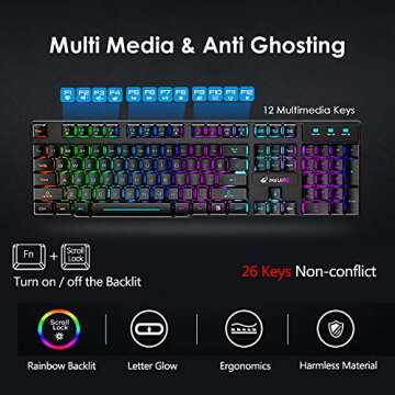Wireless Gaming Keyboard and Mouse Combo Rainbow Backlight Quiet Ergonomic Mechanical Feeling Anti-ghosting Keyboard Mouse with Rechargeable 4000mAh Battery Mouse Pad for Computer Mac Gamer