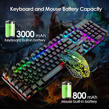 Wireless Gaming Keyboard and Mouse Combo Rainbow Backlight Quiet Ergonomic Mechanical Feeling Anti-ghosting Keyboard Mouse with Rechargeable 4000mAh Battery Mouse Pad for Computer Mac Gamer
