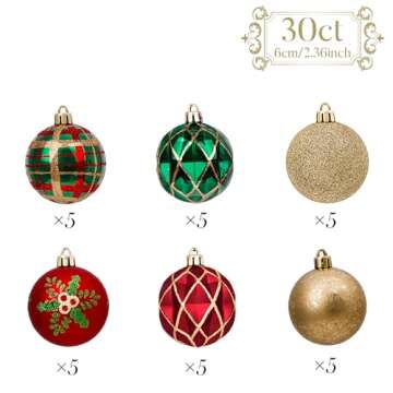 Valery Madelyn Christmas Ornaments Set, 30ct Red Green and Gold Shatterproof Christmas Tree Decorations Ball Ornaments Bulk, 2.36 Inches Traditional Country Hanging Ornaments for Xmas Trees Decor