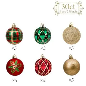 Valery Madelyn Christmas Ornaments Set, 30ct Red Green and Gold Shatterproof Christmas Tree Decorations Ball Ornaments Bulk, 2.36 Inches Traditional Country Hanging Ornaments for Xmas Trees Decor