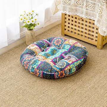 Deep Dream Boho Floor Pillow, Thicken Soft Meditation Cushion, Floor Cushions for Yoga Living Room Bedroom, 22 Inch, Turquoise