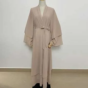 Abayas for Women Muslim Dubai Dress Solid Loose Fit Long Cardigan Islamic Kaftan Robe Khaki M