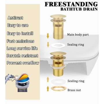 Brass Freestanding Tub Drain, Pop Up Freestanding Tub Drain Plug, Fits Most Freestanding Tub Drain Kits (Brushed Gold)