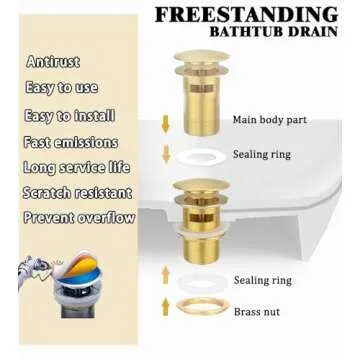 Brass Freestanding Tub Drain, Pop Up Freestanding Tub Drain Plug, Fits Most Freestanding Tub Drain Kits (Brushed Gold)