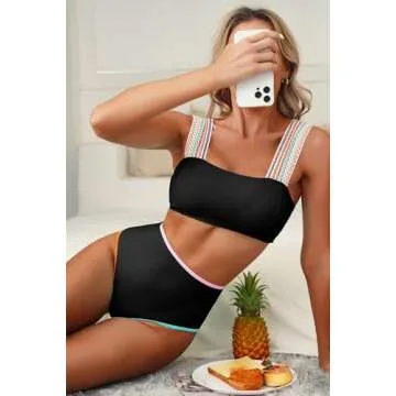 Herseas Women's Black Contrast Trim Bikini Sets 2 Piece High Waisted Swimsuit Square Neck Modest Bathing Suit Wireless Swimwear Medium