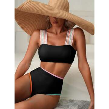 Herseas Women's Black Contrast Trim Bikini Sets 2 Piece High Waisted Swimsuit Square Neck Modest Bathing Suit Wireless Swimwear Medium