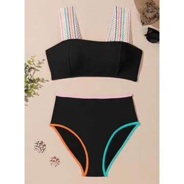 Herseas Women's Black Contrast Trim Bikini Sets 2 Piece High Waisted Swimsuit Square Neck Modest Bathing Suit Wireless Swimwear Medium