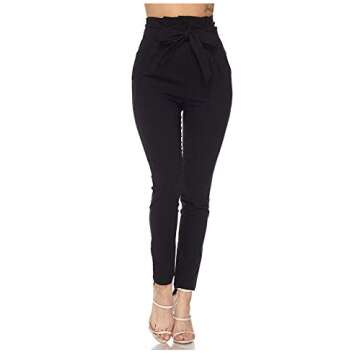 Love Moda Women's Casual High Rise Bow-Tie Paper Bag Waist Pants with Spandex Black