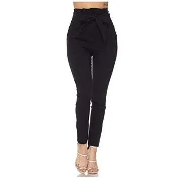 Love Moda Women's Casual High Rise Bow-Tie Paper Bag Waist Pants with Spandex Black