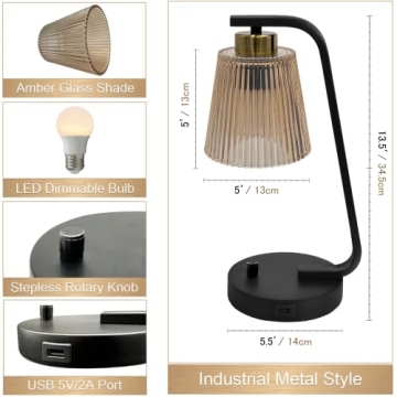 Aivond Vintage Amber Glass Table Lamps Set with USB Port