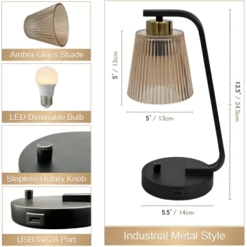 Aivond Vintage Amber Glass Table Lamps Set with USB Port