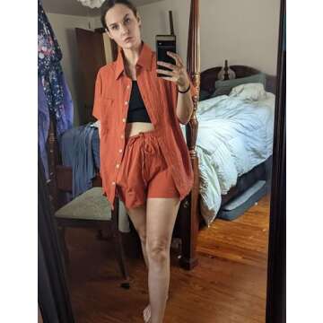 QIBABU Women's Linen Shorts Sets 2 Piece Summer Short Sleeve Top and Shorts Sweatsuit Set Vacation B...