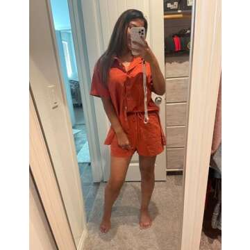 QIBABU Women's Linen Shorts Sets 2 Piece Summer Short Sleeve Top and Shorts Sweatsuit Set Vacation Beach Outfits(1521-Orange-L-QB)
