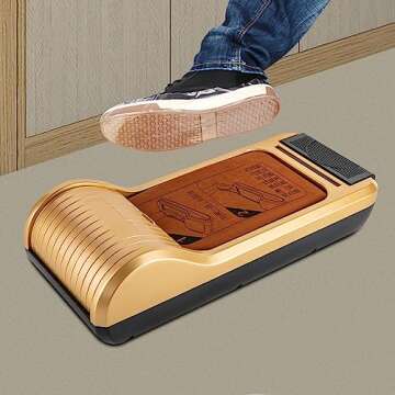 Automatic Shoe Film Machine Portable Shoe Covers Dispenser + Shoe Membrane 1 Roll Keep Floor Clean Perfect for Home Shop Office Lab Disposable Overshoes Dispenser Machine (Gold + 1 Roll Shoe Film)