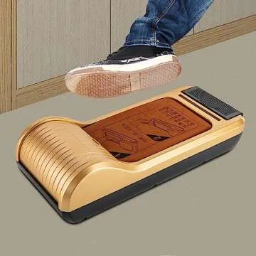Automatic Shoe Film Machine Portable Shoe Covers Dispenser + Shoe Membrane 1 Roll Keep Floor Clean Perfect for Home Shop Office Lab Disposable Overshoes Dispenser Machine (Gold + 1 Roll Shoe Film)