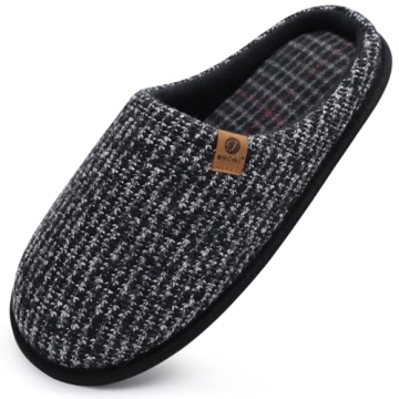 ONCAI Mens Black Knit Stripes Cozy Memory Foam scuff Slippers Slip On Warm House Shoes Indoor/Outdoo...