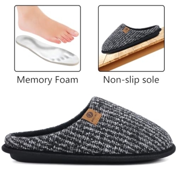 ONCAI Mens Black Knit Stripes Cozy Memory Foam scuff Slippers Slip On Warm House Shoes Indoor/Outdoor With Best Arch Surpport Size 11