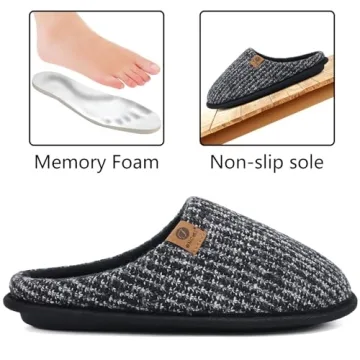 ONCAI Mens Black Knit Stripes Cozy Memory Foam scuff Slippers Slip On Warm House Shoes Indoor/Outdoor With Best Arch Surpport Size 11