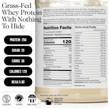 Naked WHEY 5LB 100% Grass Fed Unflavored Whey Protein Powder - Only 1 Ingredient, Undenatured - No GMO, Soy or Gluten - No Preservatives - Promote Muscle Growth and Recovery - 76 Servings