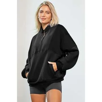 BLENCOT Half Zip Oversized Sweatshirts For Women Long Sleeve Fleece Trendy Cropped Pullover Workout Warm Tops With Pockets S Black