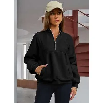 BLENCOT Half Zip Oversized Sweatshirts For Women Long Sleeve Fleece Trendy Cropped Pullover Workout Warm Tops With Pockets S Black