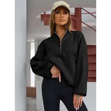BLENCOT Half Zip Oversized Sweatshirts For Women Long Sleeve Fleece Trendy Cropped Pullover Workout Warm Tops With Pockets S Black