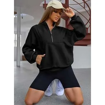 BLENCOT Half Zip Oversized Sweatshirts For Women Long Sleeve Fleece Trendy Cropped Pullover Workout Warm Tops With Pockets S Black
