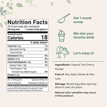 Organic Tart Cherry Powder, 4oz | 100% Natural Fruit Powder | US Grown Tart Cherries Source | No Sugar & Additives | Great Flavor for Drinks, Smoothie, & Beverages | Non-GMO & Vegan Friendly