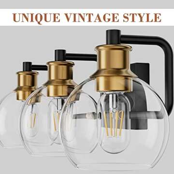 Tipace Black & Gold Vintage Bathroom Vanity Light Fixtures Over Mirror Glass Globe 3 Lights Industrial Vanity Lights Farmhouse Bath Lighting(Exclude Bulb)
