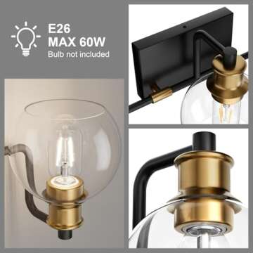 Tipace Black & Gold Vintage Bathroom Vanity Light Fixtures Over Mirror Glass Globe 3 Lights Industrial Vanity Lights Farmhouse Bath Lighting(Exclude Bulb)