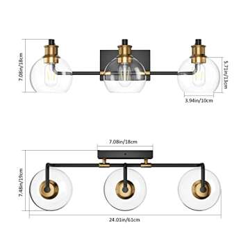 Tipace Black & Gold Vintage Bathroom Vanity Light Fixtures Over Mirror Glass Globe 3 Lights Industrial Vanity Lights Farmhouse Bath Lighting(Exclude Bulb)