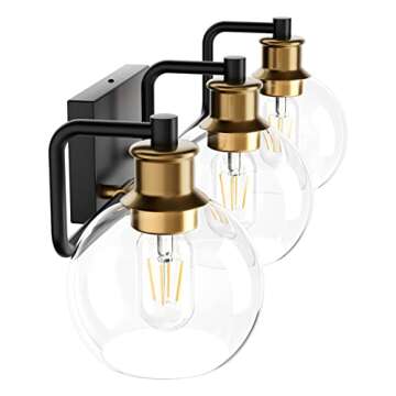 Tipace Black & Gold Vintage Bathroom Vanity Light Fixtures Over Mirror Glass Globe 3 Lights Industrial Vanity Lights Farmhouse Bath Lighting(Exclude Bulb)