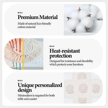 5 Pack Coasters for Drinks Absorbent, Macrame Handmade Cotton Coasters for Coffee Table, Boho Coaster Set with Tassels Heat-Resistant Farmhouse Drink Coaster for Home Decor Tabletop Protection.