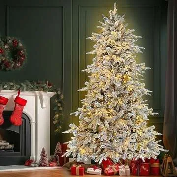 6.5 Ft Flocked Prelit Christmas Tree with 400 Lights, Snowy PE/PVC Tips, Metal Stand - Indoor/Outdoor Decor