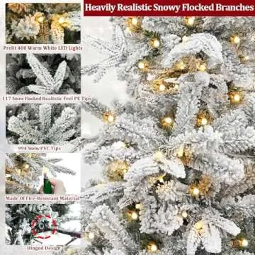 6.5 Ft Flocked Prelit Christmas Tree with 400 Lights, Snowy PE/PVC Tips, Metal Stand - Indoor/Outdoor Decor