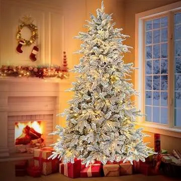 6.5 Ft Flocked Prelit Christmas Tree with 400 Lights, Snowy PE/PVC Tips, Metal Stand - Indoor/Outdoor Decor