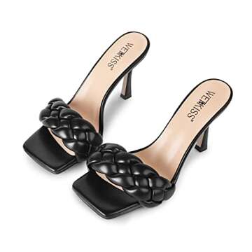 WETKISS Womens Sandals Black Braided Sandals for Womens Stiletto Heels Sandals Women Black Heels Sandal Slip on Heeled Sandals for Women High Heels Sandals