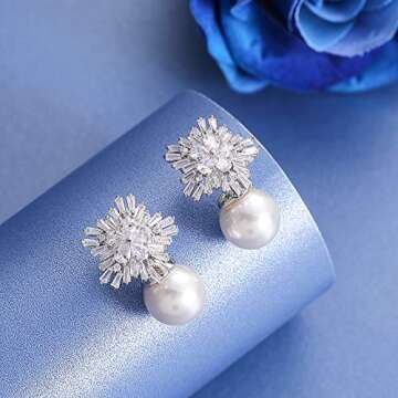 925 Sterling Silver Cubic Zirconia Stud Earrings for Women, Snowflake Pearl Rhinestone Earrings Luxu...