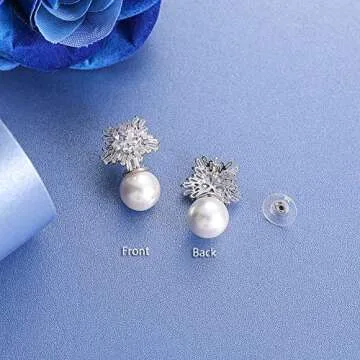 925 Sterling Silver Cubic Zirconia Stud Earrings for Women, Snowflake Pearl Rhinestone Earrings Luxury Bridal Flower Fashion Jewelry