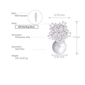 925 Sterling Silver Cubic Zirconia Stud Earrings for Women, Snowflake Pearl Rhinestone Earrings Luxury Bridal Flower Fashion Jewelry