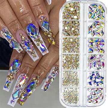 735 Pieces Nail Rhinestones for Nails AB Crystals Stones for Nails Crystals 3D Nail Diamonds Art Decoration Crafts DIY (Rainbow AB)