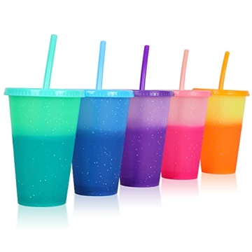 heincar Plastic Tumblers with Lids & Straws 16oz - 5 Pack Reusable Party Drinking Cup BPA free Cold Coffee Tumbler | Color Changing Cups for Kids & Adults