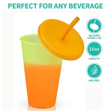 heincar Plastic Tumblers with Lids & Straws 16oz - 5 Pack Reusable Party Drinking Cup BPA free Cold Coffee Tumbler | Color Changing Cups for Kids & Adults